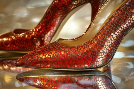 Pair of red patterned high heel shoes resting on a shiny surface.