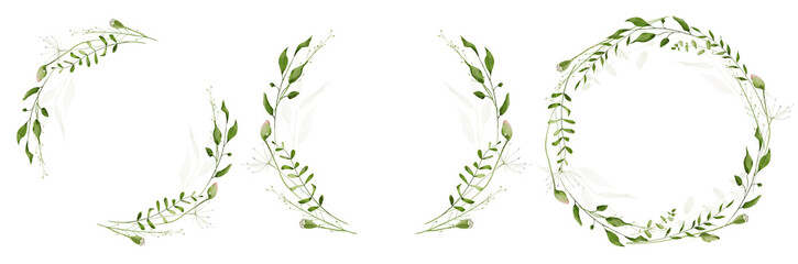 Watercolor floral greenery round wreath frame set. Meadow sage, green wild branches, leaves, herbs, flower buds. Artistic template design.