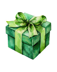 Watercolor gift box with a vibrant green ribbon and bow