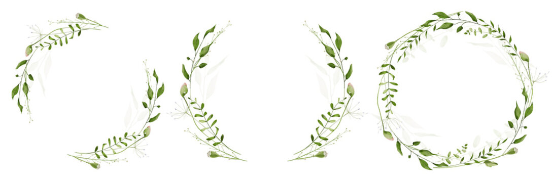 Watercolor floral greenery round wreath frame set. Meadow sage, green wild branches, leaves, herbs, flower buds. Artistic template design.