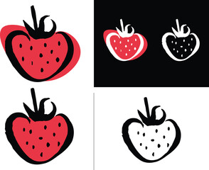 Fototapeta premium Hand-Drawn Strawberry Logo Design, Artistic Brush Stroke Fruit Icon, Red and Black Vector Illustration for Organic Branding, Café, Juice Bar, and Healthy Food Products