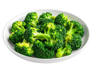 Bowl of fresh green broccoli florets isolated on transparent background PNG