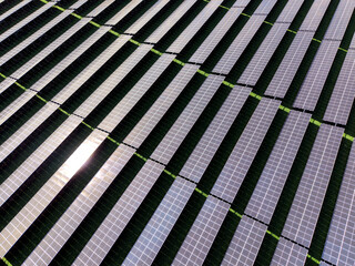 Aerial view of a solar farm producing clean renewable sun energy, industrial landscape