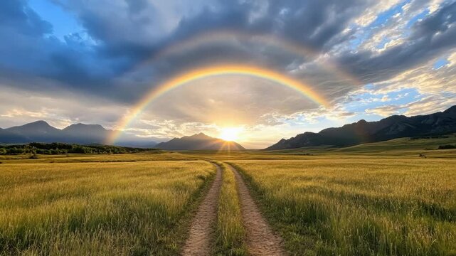 Vibrant Rainbow Arches Over Sunlit Field Surrounded by Majestic Mountains in Beautiful Landscape