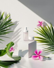 Skincare Products Displayed on Podium with Tropical Flowers and Leaves