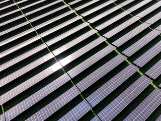 Aerial view of a solar farm producing clean renewable sun energy, industrial landscape
