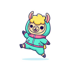 Cartoon llama wearing a teal jumpsuit with pink trim, jumping and waving.