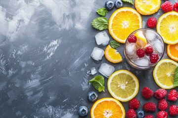 Citrus and Berry Infused Mocktail with Ice Crystals.