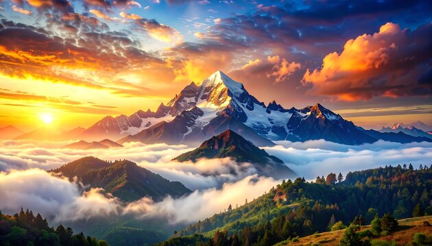 Majestic mountain range at sunrise, shrouded in fog, with vibrant colors painting the sky