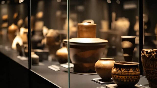 Various pottery pieces are displayed in a museum showcasing ancient ceramics. The pottery and ceramics attract the attention of visitors admiring the intricate designs in the exhib