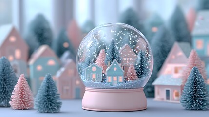 Decorative snow globe featuring a pink base and tiny snow-covered houses with trees, symbolizing winter holidays and Christmas magic