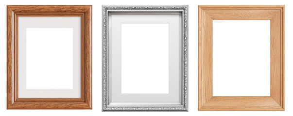 Three empty picture frames in various colors