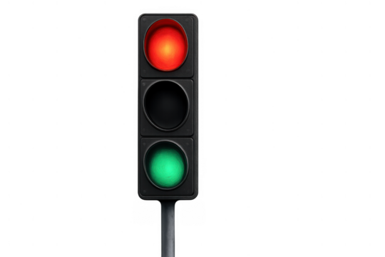 Traffic light displaying both red and green colors, representing conflicting decisions, progress versus caution, or a difficult choice
