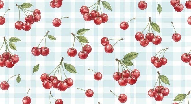 Watercolor red cherries on a light blue gingham seamless pattern.