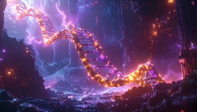 Luminous DNA strand arches across a cosmic landscape, glowing amidst purples, blues, and orange celestial lights