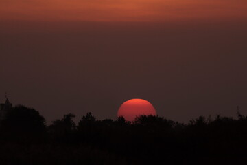 A deep red sun slowly descends behind a line of dark trees, casting warm twilight hues across the sky. A peaceful evening moment filled with quiet beauty and fading daylight