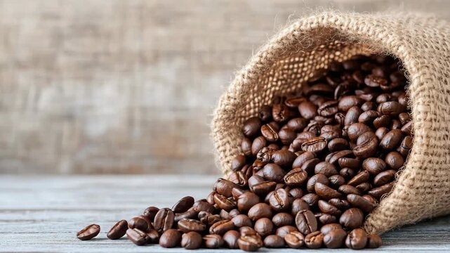 Fresh coffee beans spill from burlap sack on wooden surface, creating rich aroma and inviting scene