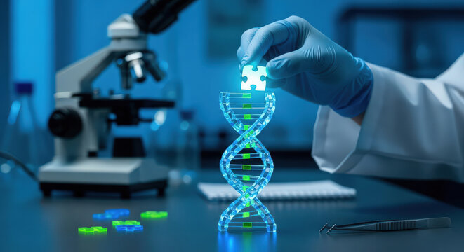 Scientist completes the glowing DNA double helix model with a jigsaw piece in a dark laboratory. Metaphor for genetic research, sequencing, and discovery.