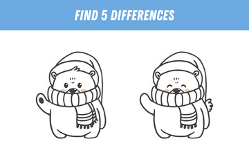 Find 5 differences between two pictures of cute bear in scarf and hat. Cute teddy bear in doodle style. Activity page. Christmas game. Vector
