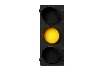 Traffic light showing yellow caution signal, indicating prepare to stop or proceed with care, on transparent background