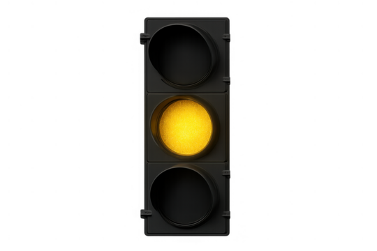 Traffic light showing yellow caution signal, indicating prepare to stop or proceed with care, on transparent background