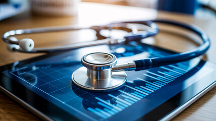 Stethoscope on a digital tablet displaying health data, representing telemedicine and medical technology innovation