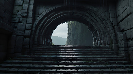 Ancient stone archway with grand staircase leading to misty mountain vista