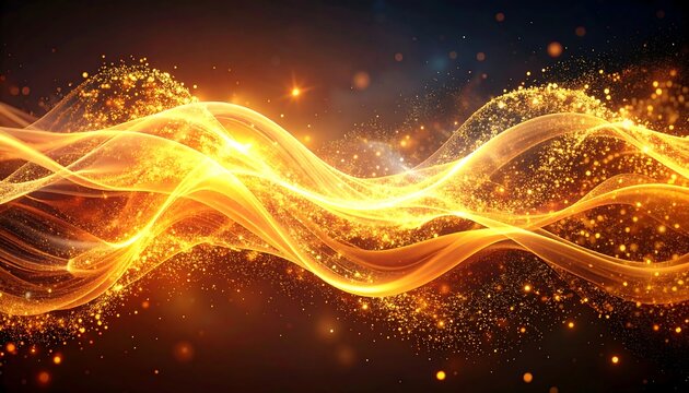 Luminous golden waves flow across a dark backdrop, resembling light trails with particles - Powered by Adobe
