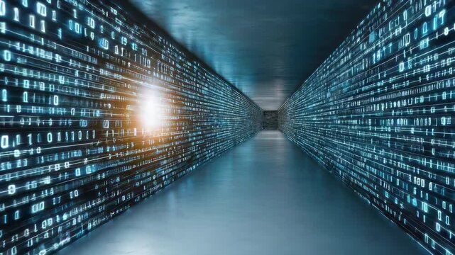 Futuristic digital corridor illuminated by binary code technology and data visualization concepts
