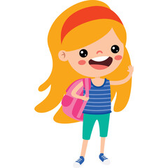 Happy Blond Haired Girl With Pink Backpack Waving Hello Wearing Blue Striped Shirt Green Shorts And Sneakers