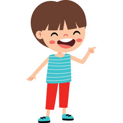 Happy Boy Laughing And Pointing With Joyful Expression And Blue Striped Shirt Red Pants And Black Shoes Transparent Background