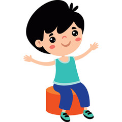 Happy Boy Sitting on Orange Cube Wearing Blue Pants and Teal Tank Top with Arms Open