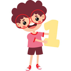 Happy Boy With Curly Hair Wearing Red Glasses Holds Large Yellow Number One With A Big Smile And Pink Shirt And Brown Shorts Ready For School Or Learning