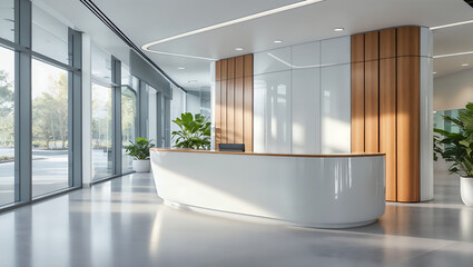 Modern reception desk with sleek white counter and warm wood accents in a sunlit corporate lobby with large windows
