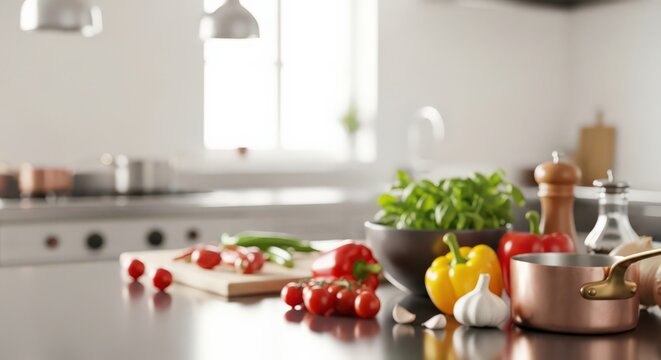 Fresh vegetables and kitchenware on modern kitchen counter