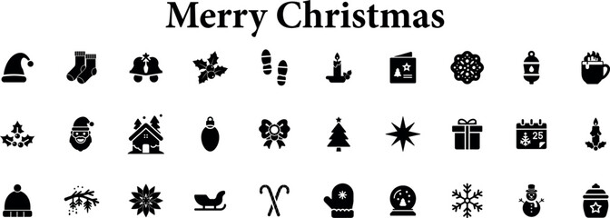 Collection of merry Christmas icons and symbols, including Santa hat, socks, bells, holly, mittens, candle, card, snowflake, gift, calendar, snowman, and sleigh, isolated on transparent background 