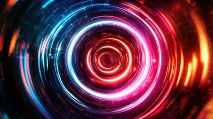 Obraz premium Abstract concentric circles of vibrant neon light and glowing lines, creating a futuristic digital tunnel effect