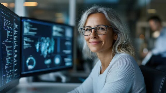 Smiling woman in office using computer technology to analyze data effectively and confidently