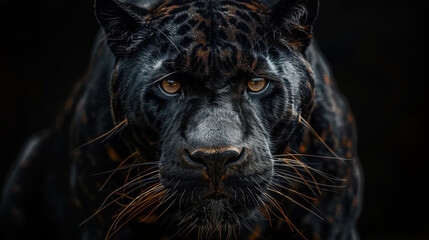 Obraz premium A photorealistic hybrid of a black panther and Bullmastiff, with massive muscles, sleek dark fur, and prominent fangs, blending feline agility with canine power. 