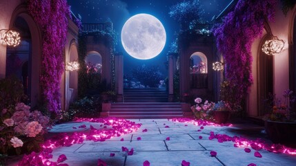 Romantic night garden patio under a full moon.  Pink petals strewn on stone path