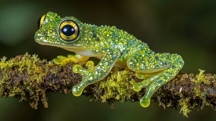 Tiny, vibrant green frog with yellow dots perched on a mossy branch