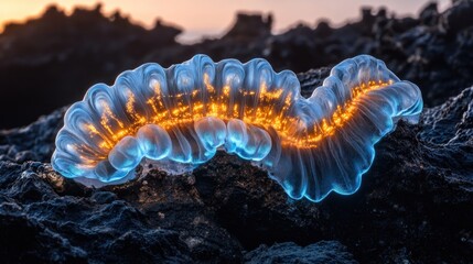 Glowing translucent creature on dark rocks at sunrise