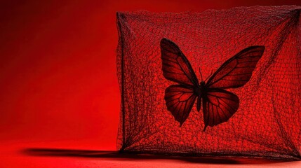 Silhouette butterfly in a red mesh cube