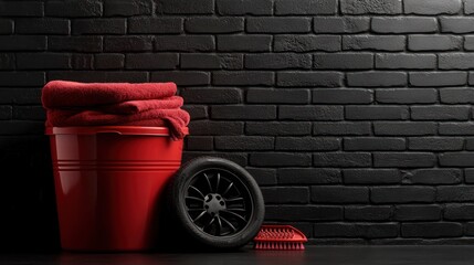 Red plastic bucket, towels, tire, and brush against a dark brick wall