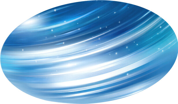 Oval-shaped, stylized celestial body; swirling, light-blue lines radiate from a central point, white highlights and sparkles accentuate the design