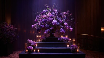 Vibrant purple flowers arranged beautifully on a display with flickering candles creating a serene atmosphere.