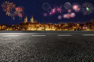 Title: fireworks in the city night road landscape outdoor cityscape celebration hoilday happy new year	
