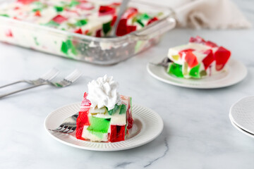 Servings of a homemade fruity gelatin dessert, ready for eating. 