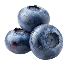 Obraz premium Close-up of three blueberries, stacked. Fresh, plump berries with water droplets. Dark-purple-blue hues