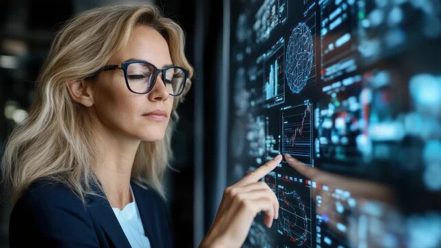 Innovative businesswoman utilizes technology for data analysis on digital touchscreen interface